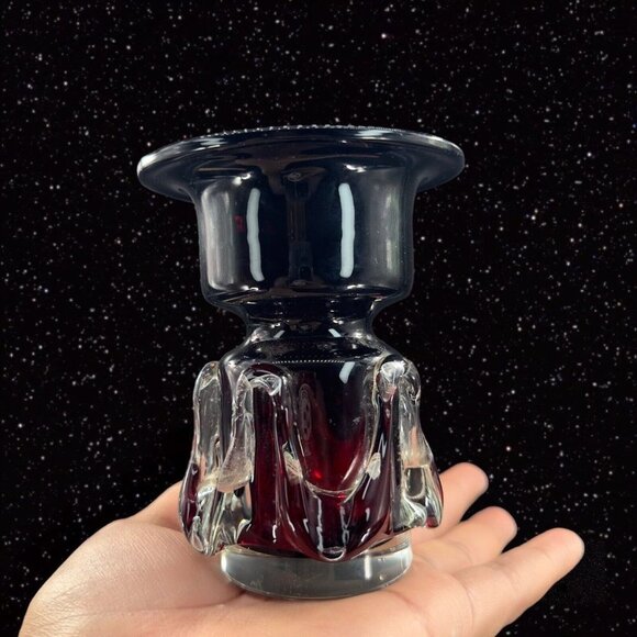 Polish Art Glass Red W Clear Swirls Vase Single Candle Holder From Poland VTG - Picture 11 of 11